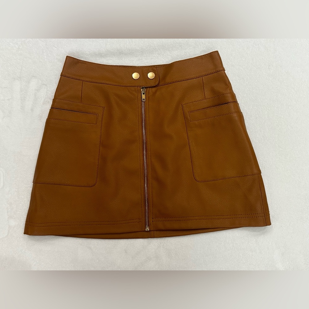 Free People Faux Leather Mini Skirt Womens Sz 0 Tan Full Front Zip Pocke…